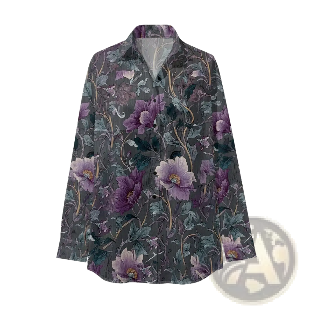 A dark gray long sleeve button up shirt with a detailed floral pattern of purple and white blossoms and green leaves