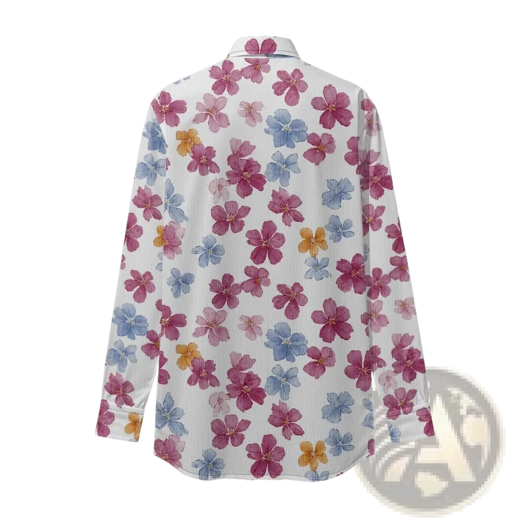A white long sleeve button up shirt with vibrant pink blue and yellow floral print for stylish wear