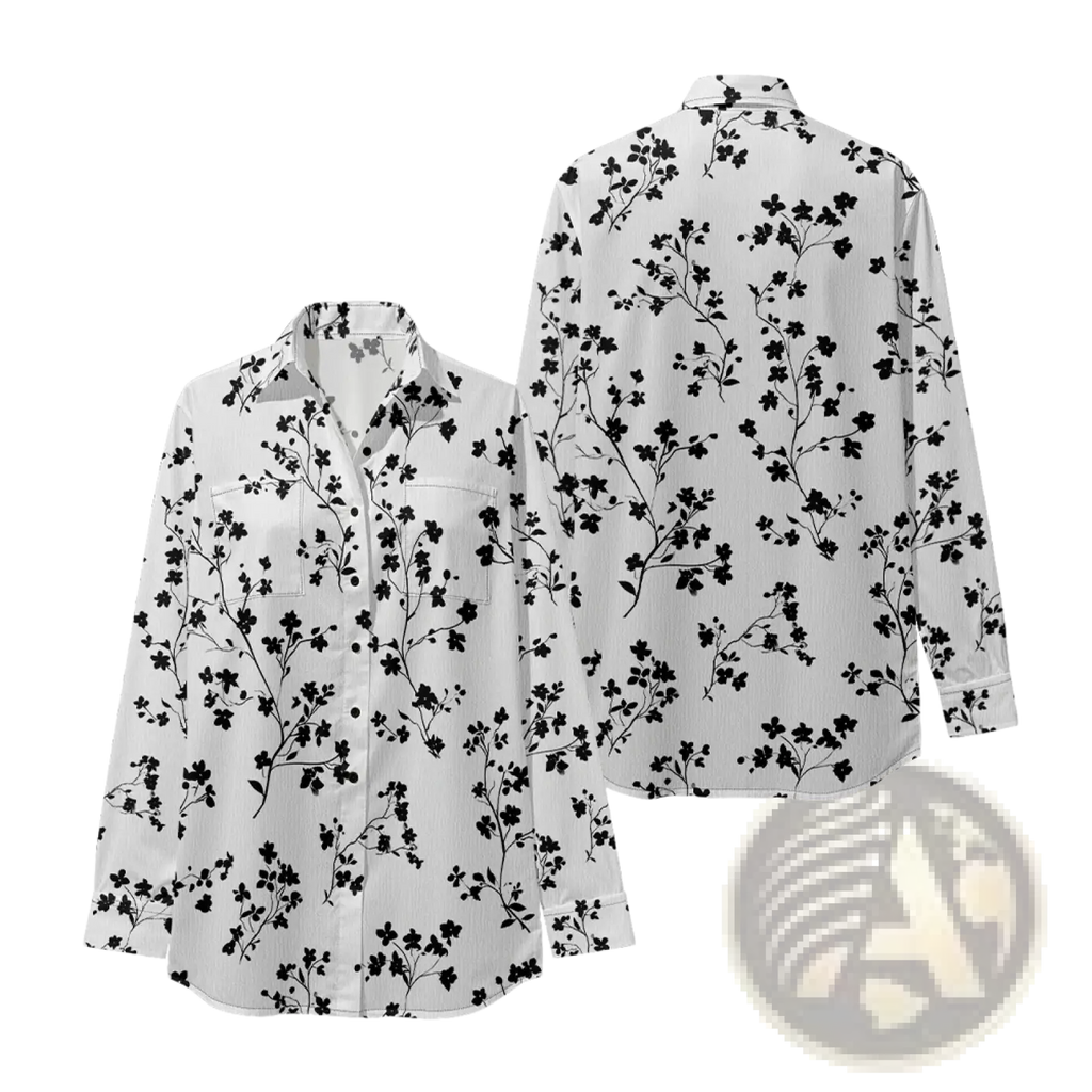 White long-sleeved button-up shirt with black floral pattern designed for casual and formal wear
