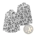 White long-sleeved button-up shirt with black floral pattern designed for casual and formal wear