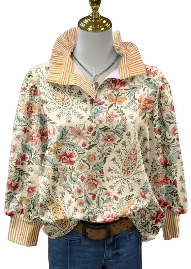 Cream-colored long sleeve casual shirt with vibrant floral paisley pattern and striped collar for customer satisfaction