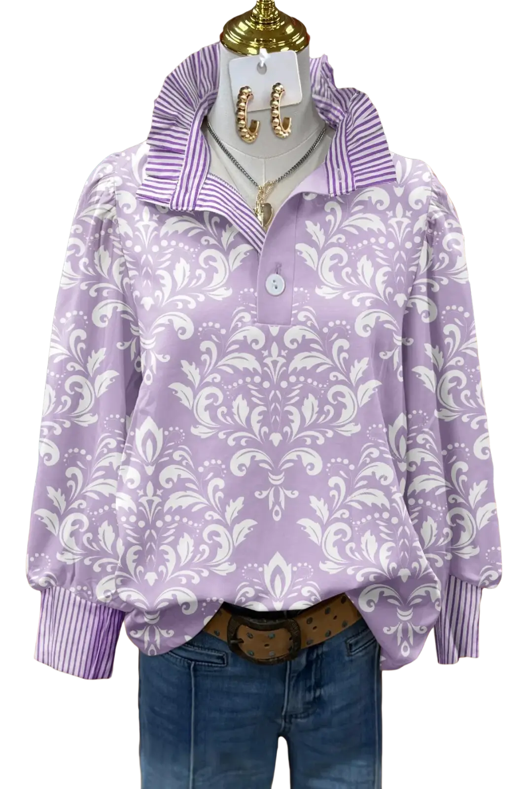 Lavender long sleeve casual shirt with white damask floral print and striped collar and cuffs displayed on mannequin