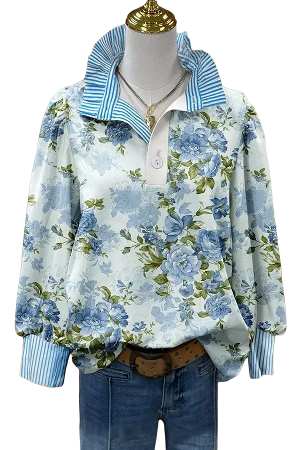 Light blue floral print long sleeve casual shirt with striped collar cuffs and button-down front for customer satisfaction