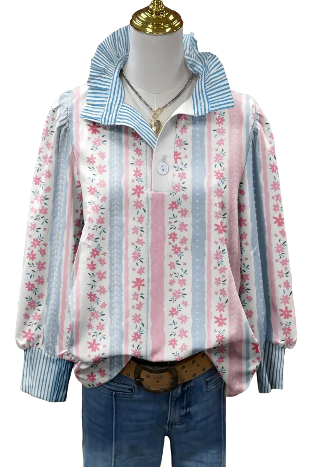Pastel pink and light blue striped floral print long sleeve casual shirt with ruffled collar and cuffs
