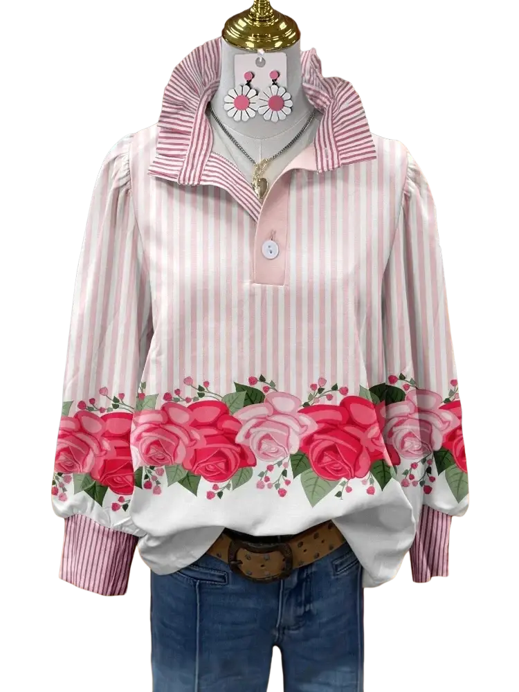 Pink and white striped long sleeve casual shirt with a floral rose band at the hem for customer satisfaction