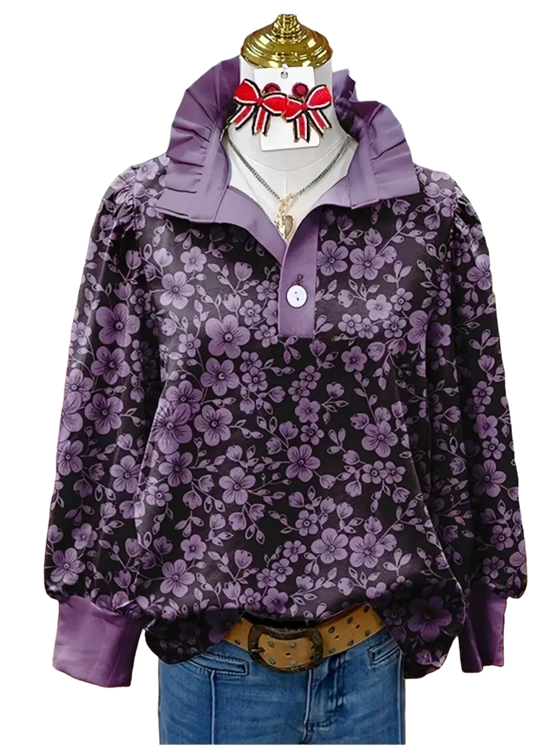 Purple floral print long sleeve casual shirt with ruffled collar and cuffs featuring lighter purple blossoms