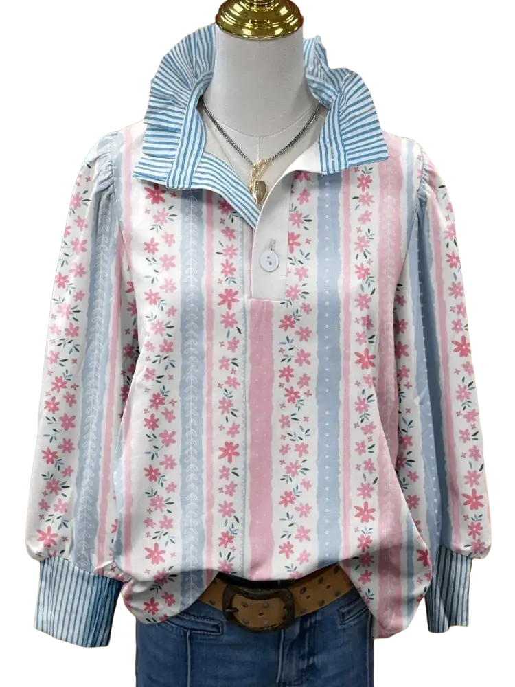 Floral print long sleeve casual shirt in pastel pink, light blue, and white with delicate floral patterns for customer satisfaction