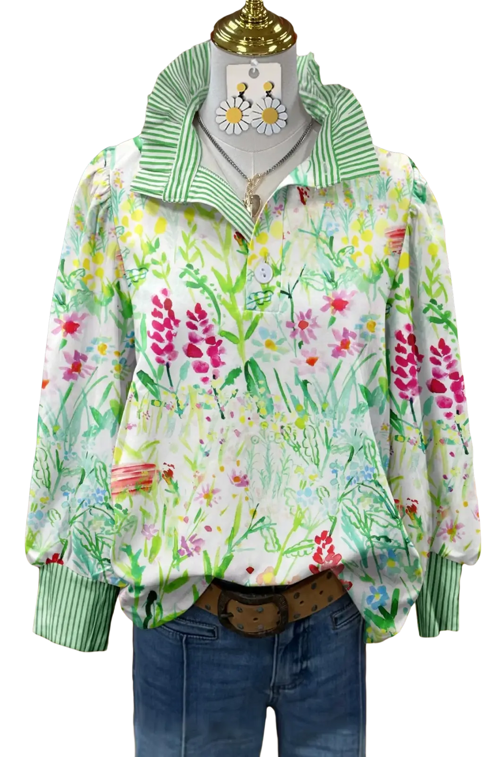 A vibrant floral print long sleeve casual shirt with green and white striped collar and cuffs for customer satisfaction