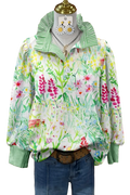 A vibrant floral print long sleeve casual shirt with green and white striped collar and cuffs for customer satisfaction