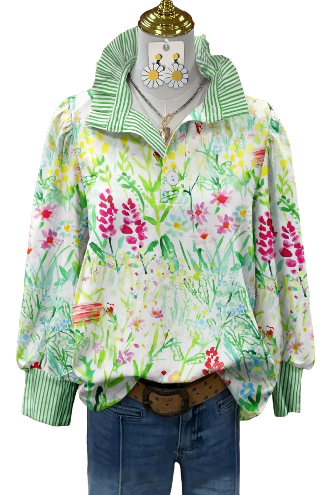 A vibrant floral print long sleeve casual shirt with green and white striped collar and cuffs for customer satisfaction