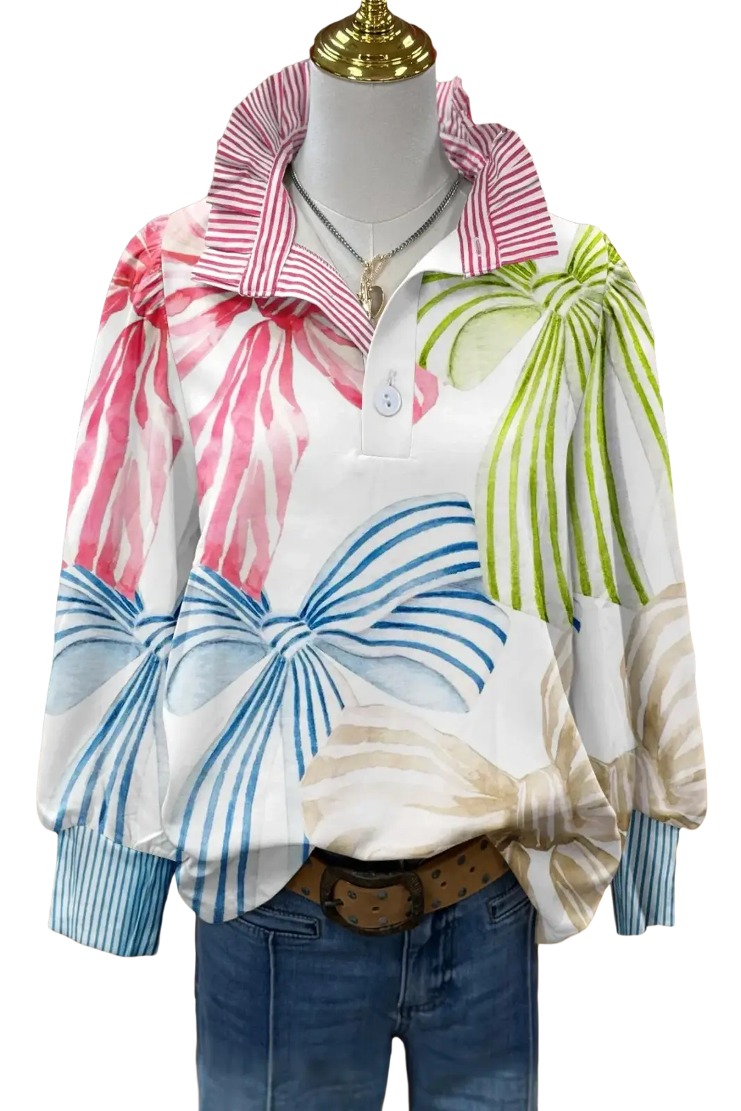 White blouse long sleeve casual shirt with colorful watercolor bows and striped collar and cuffs for customer satisfaction