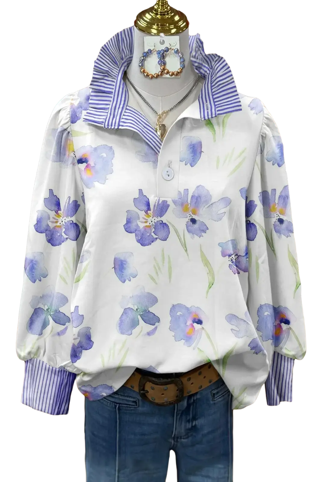 White blouse with purple floral print and striped collar and cuffs long sleeve casual shirts for customer satisfaction