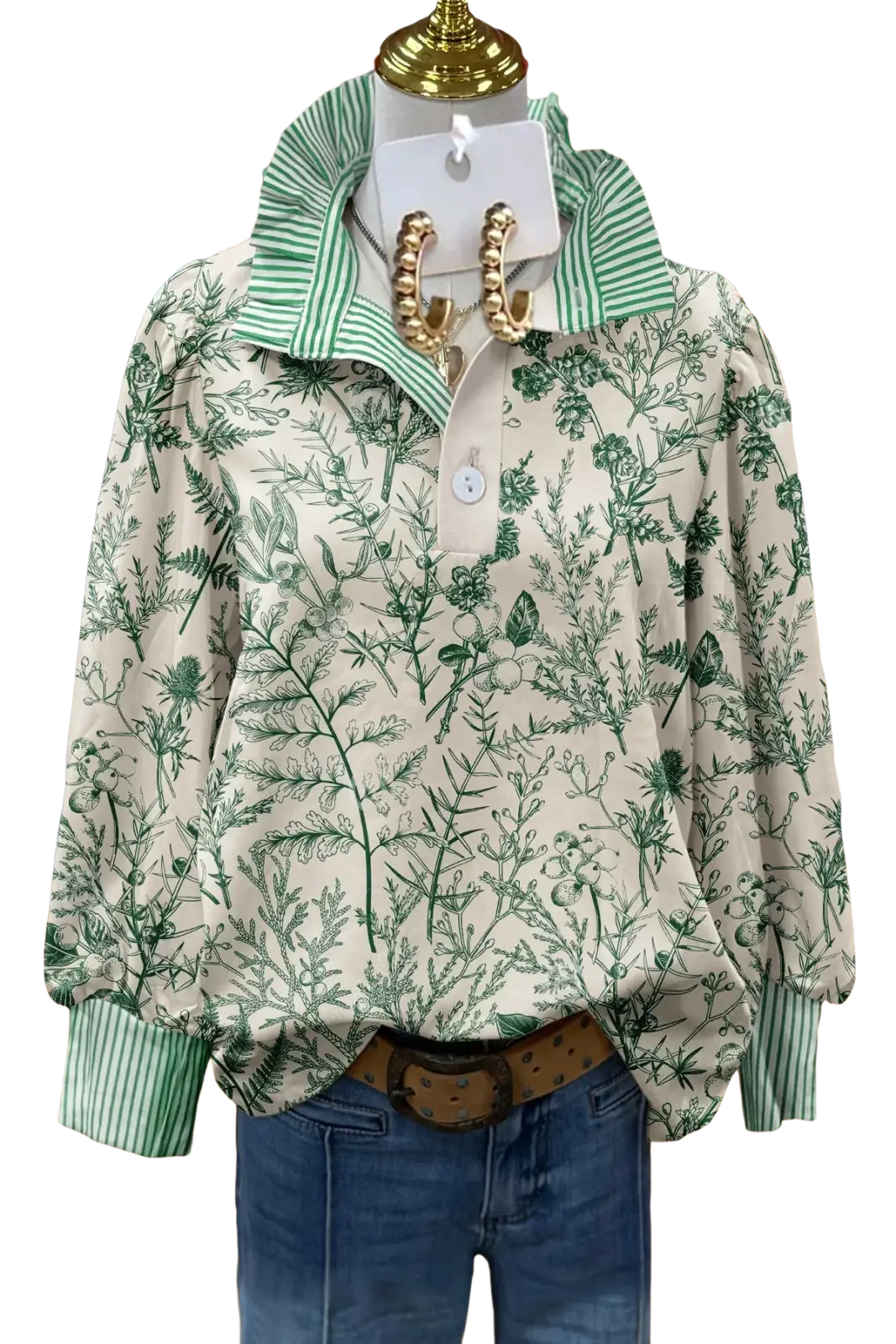 Floral print long sleeve casual shirt with green botanical design on off-white background and striped collar and cuffs