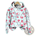 Floral print loose fit hoodie in light blue with red cherry blossom pattern dark brown branches gray-lined hood and white drawstrings