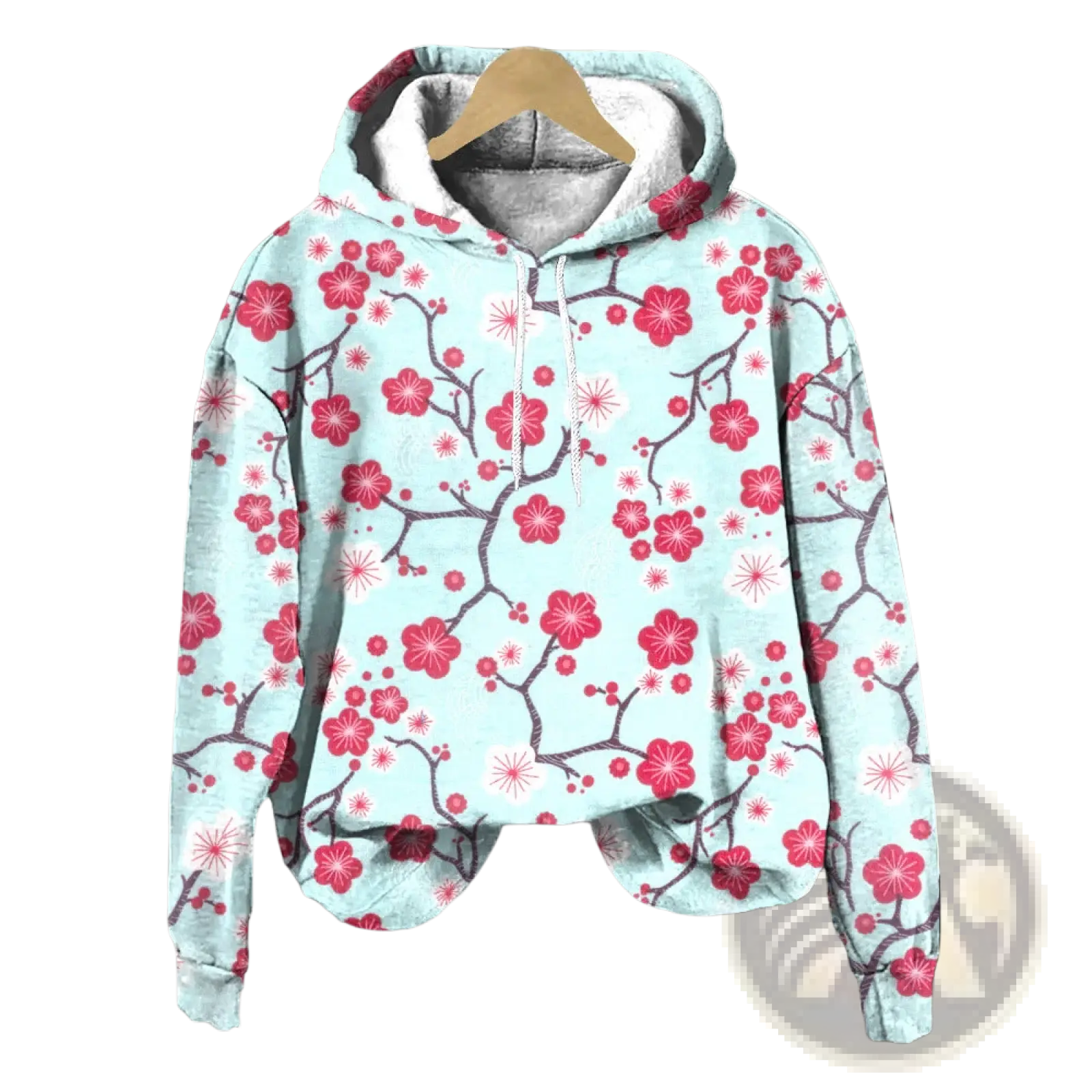 Floral print loose fit hoodie in light blue with red cherry blossom pattern dark brown branches gray-lined hood and white drawstrings