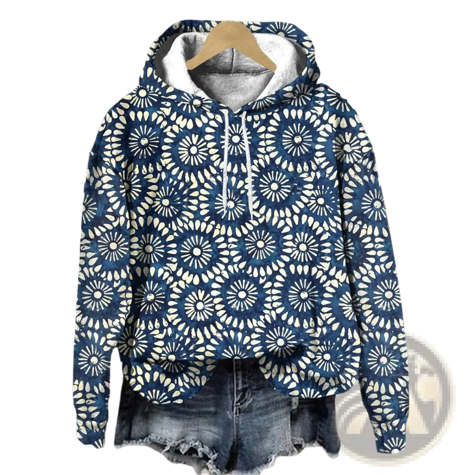 Blue and white floral print loose fit hoodie with gray lined hood made of soft fabric for casual wear