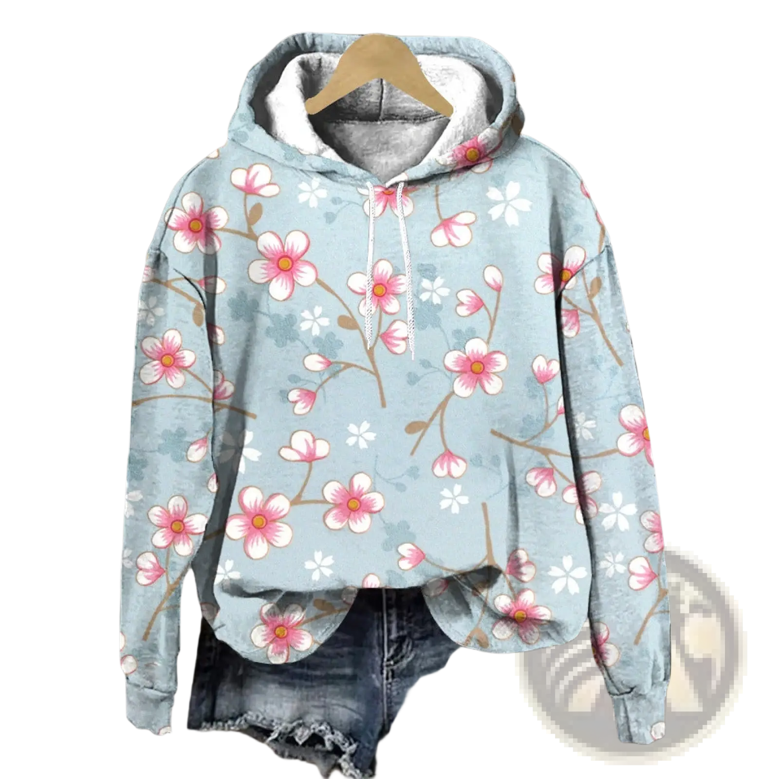 A light blue floral print loose fit hoodie with pink and white blossoms, gray-lined hood, and matching drawstrings
