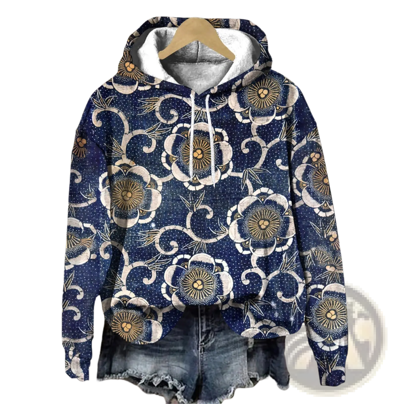 Navy blue floral print loose fit hoodie with detailed white and gold pattern and inner gray lining