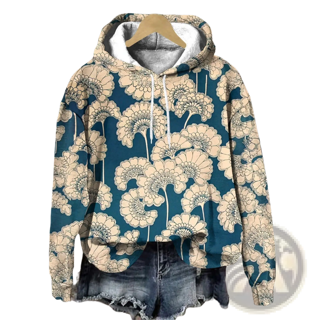 Floral print loose fit hoodie in teal with beige floral pattern white drawstrings and gray-lined hood