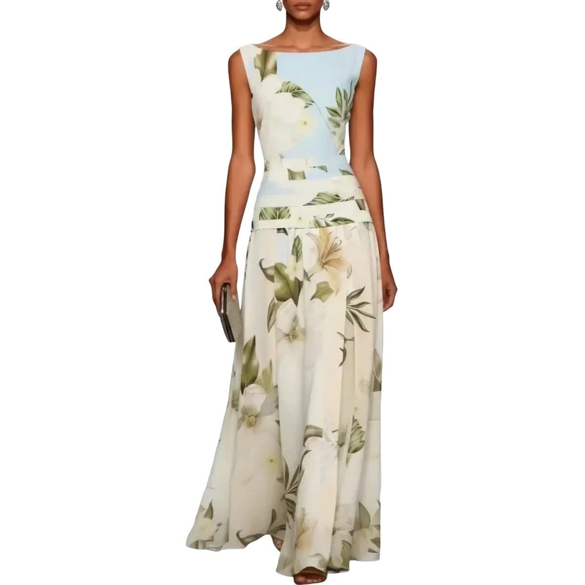 A flowing sleeveless maxi dress in soft light blue and cream with white floral print and green leaves
