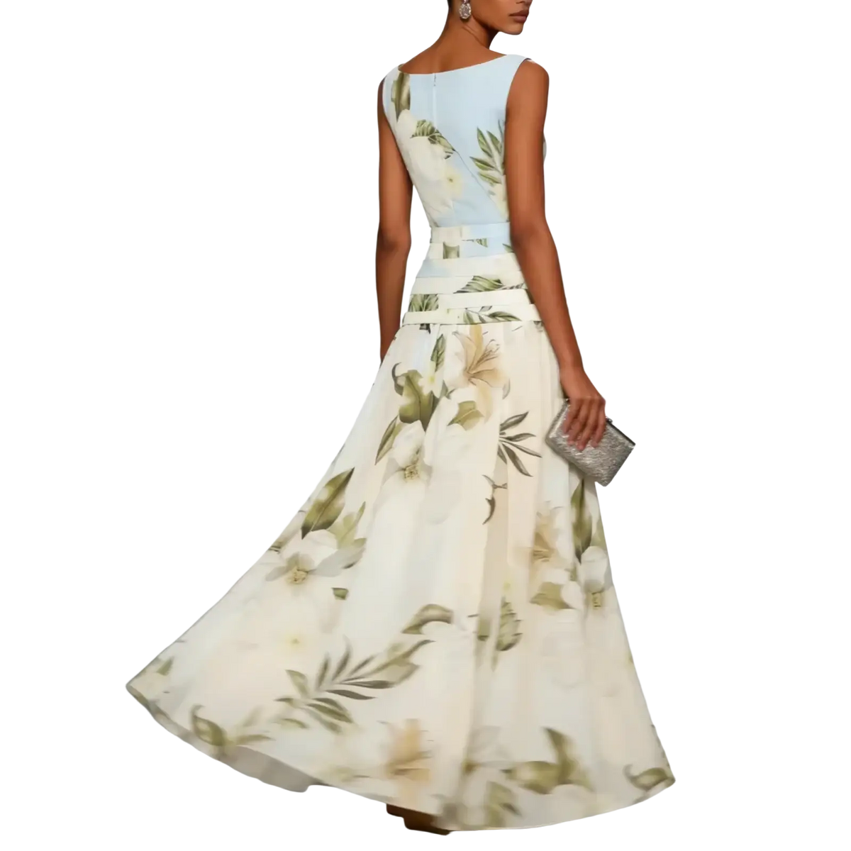 A flowing sleeveless maxi dress in soft light blue and cream with a delicate white floral print for summer wear