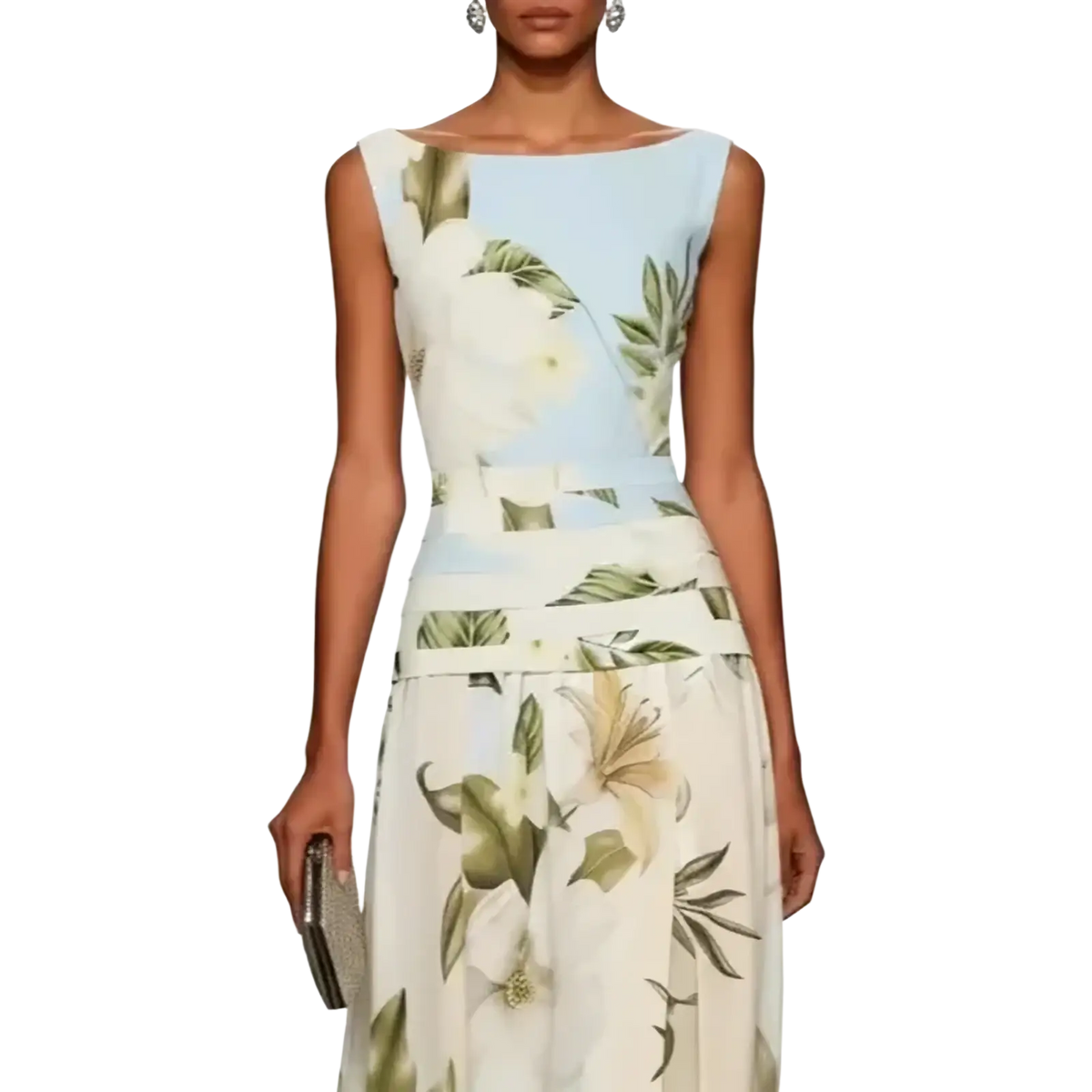 Floral print maxi dress sleeveless summer long dress in light blue and cream with fitted bodice and flowing skirt