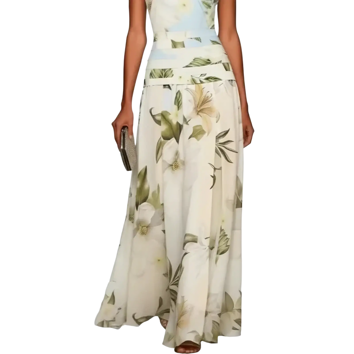 Off-white sleeveless floral print maxi dress with soft green and cream hues perfect for summer wear