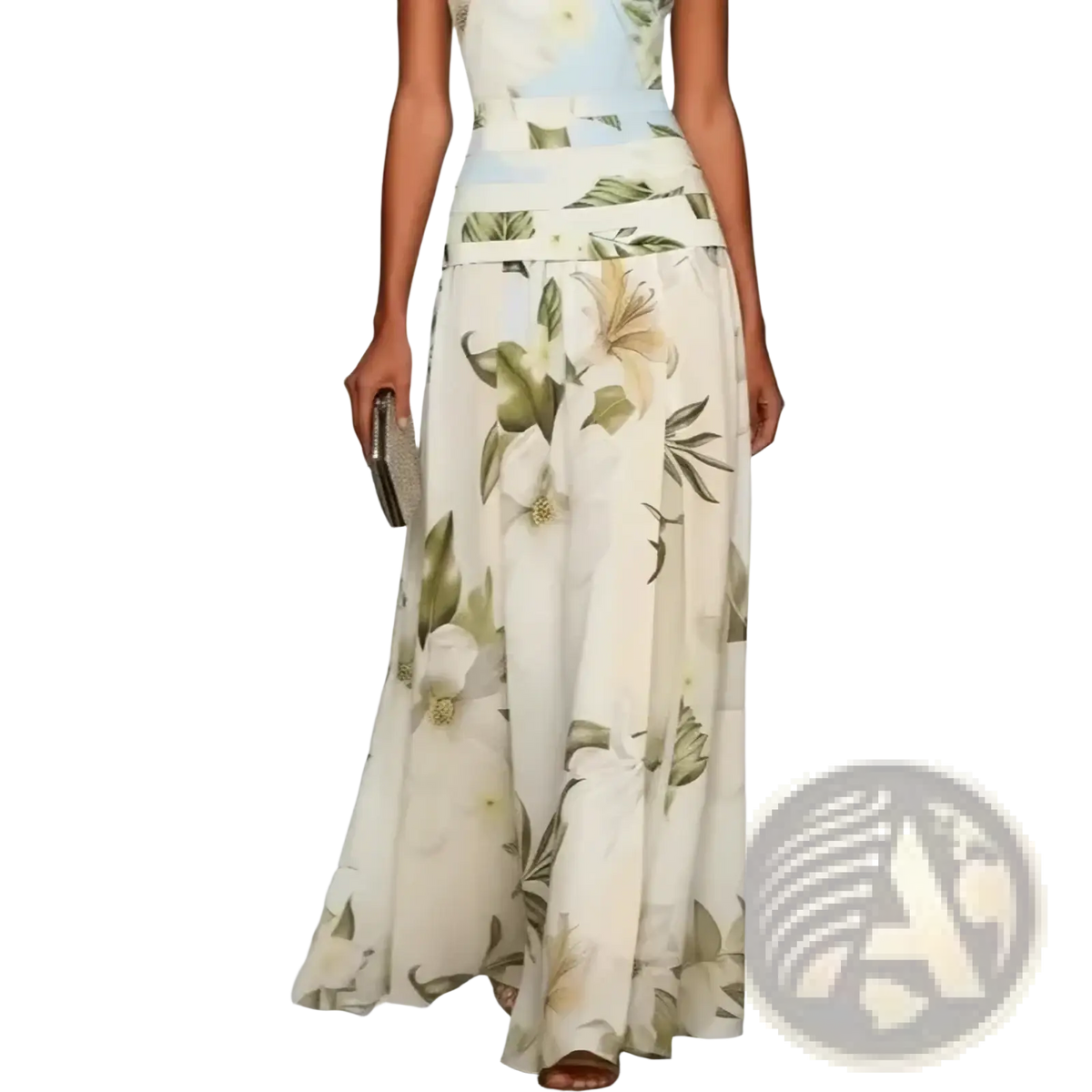 Off-white sleeveless floral print maxi dress with soft green and cream hues perfect for summer wear