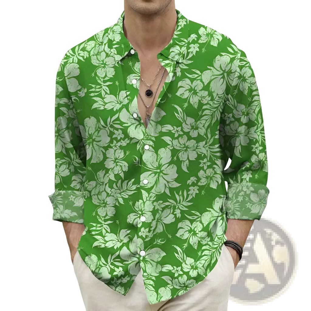 Vibrant green floral print mens hawaiian shirt slim fit button down with white pattern and rolled-up sleeves
