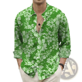 Vibrant green floral print mens hawaiian shirt slim fit button down with white pattern and rolled-up sleeves