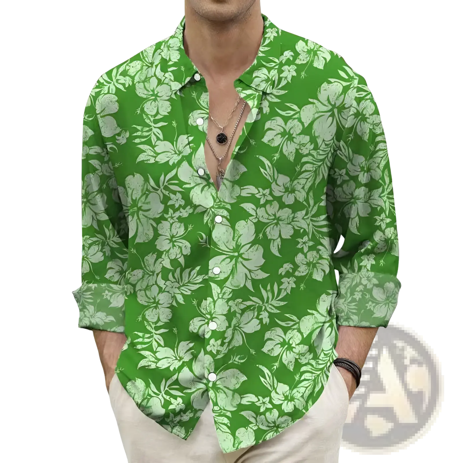 Vibrant green floral print mens hawaiian shirt slim fit button down with white pattern and rolled-up sleeves