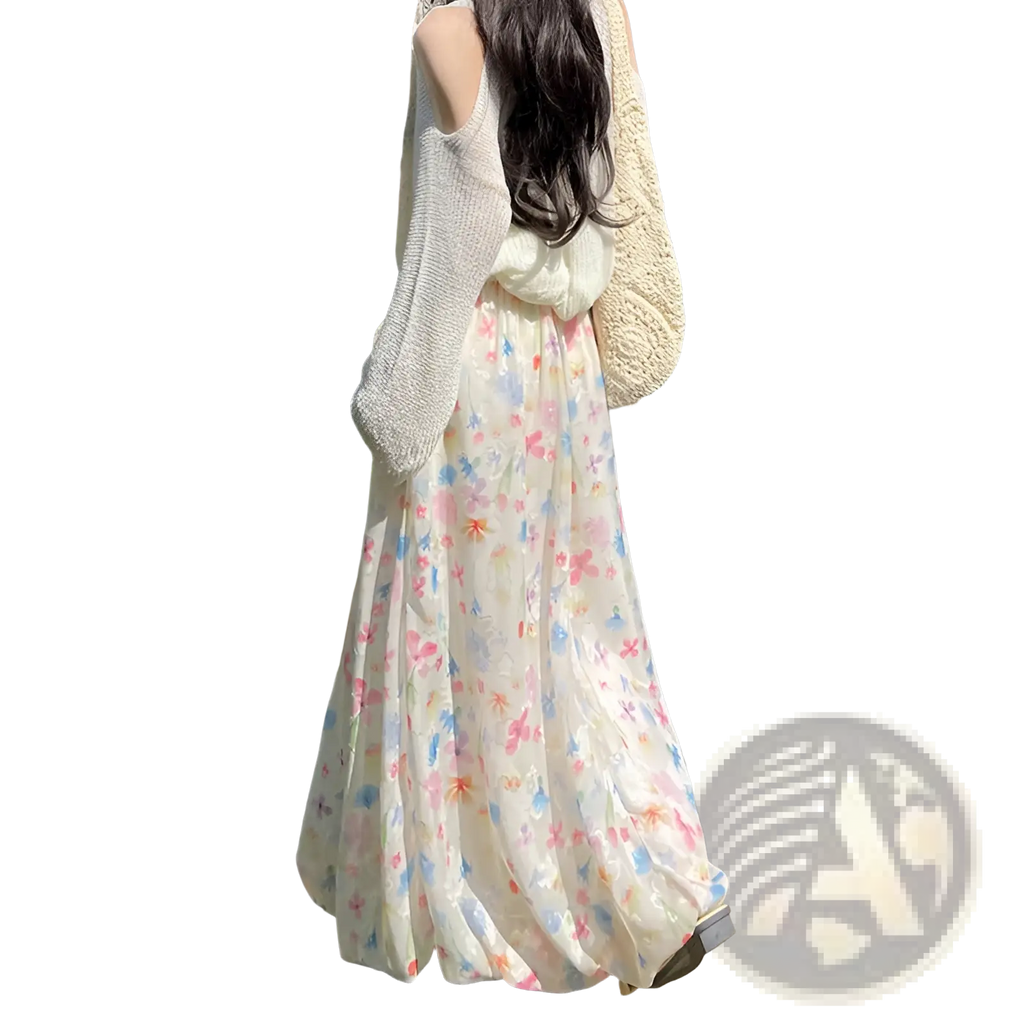 A flowing off-white floral print midi skirt with delicate pink and blue floral patterns in soft fabric