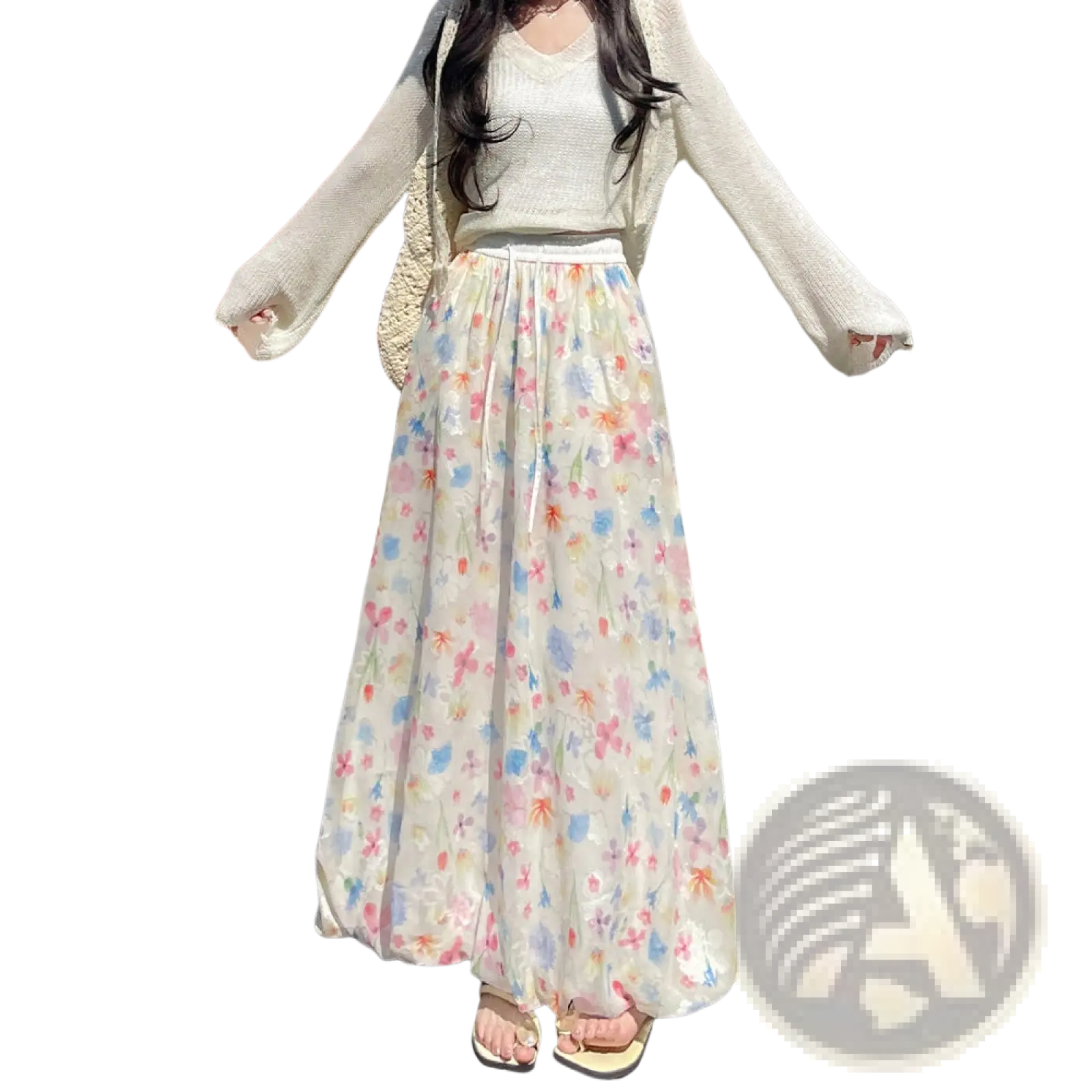 Floral print midi skirt with sheer lightweight fabric and pastel multicolored blossoms on an off-white base