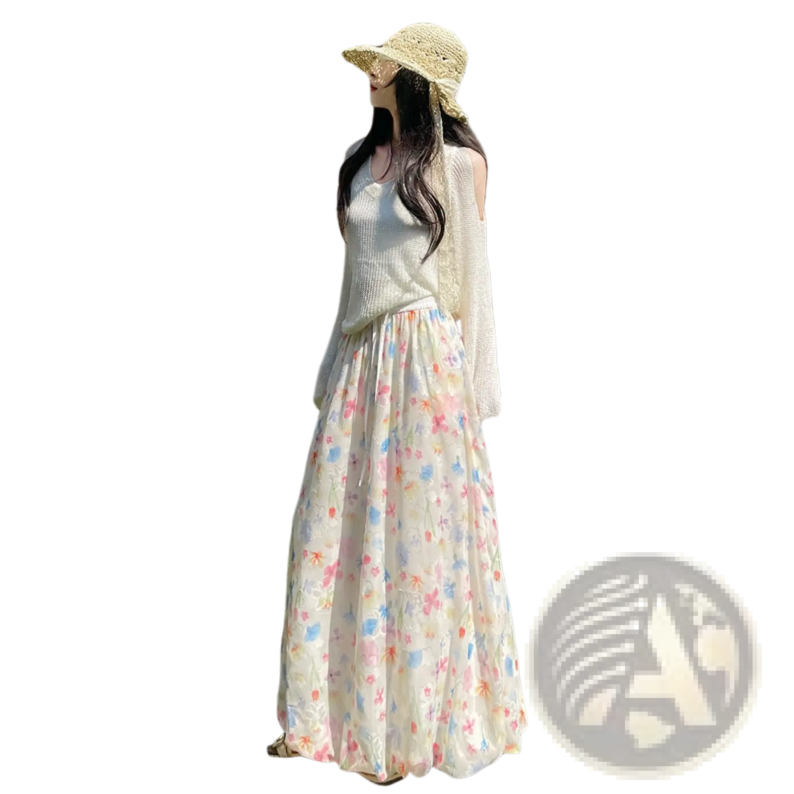 A flowing off-white floral print midi skirt with delicate pastel pink and blue patterns perfect for springwear