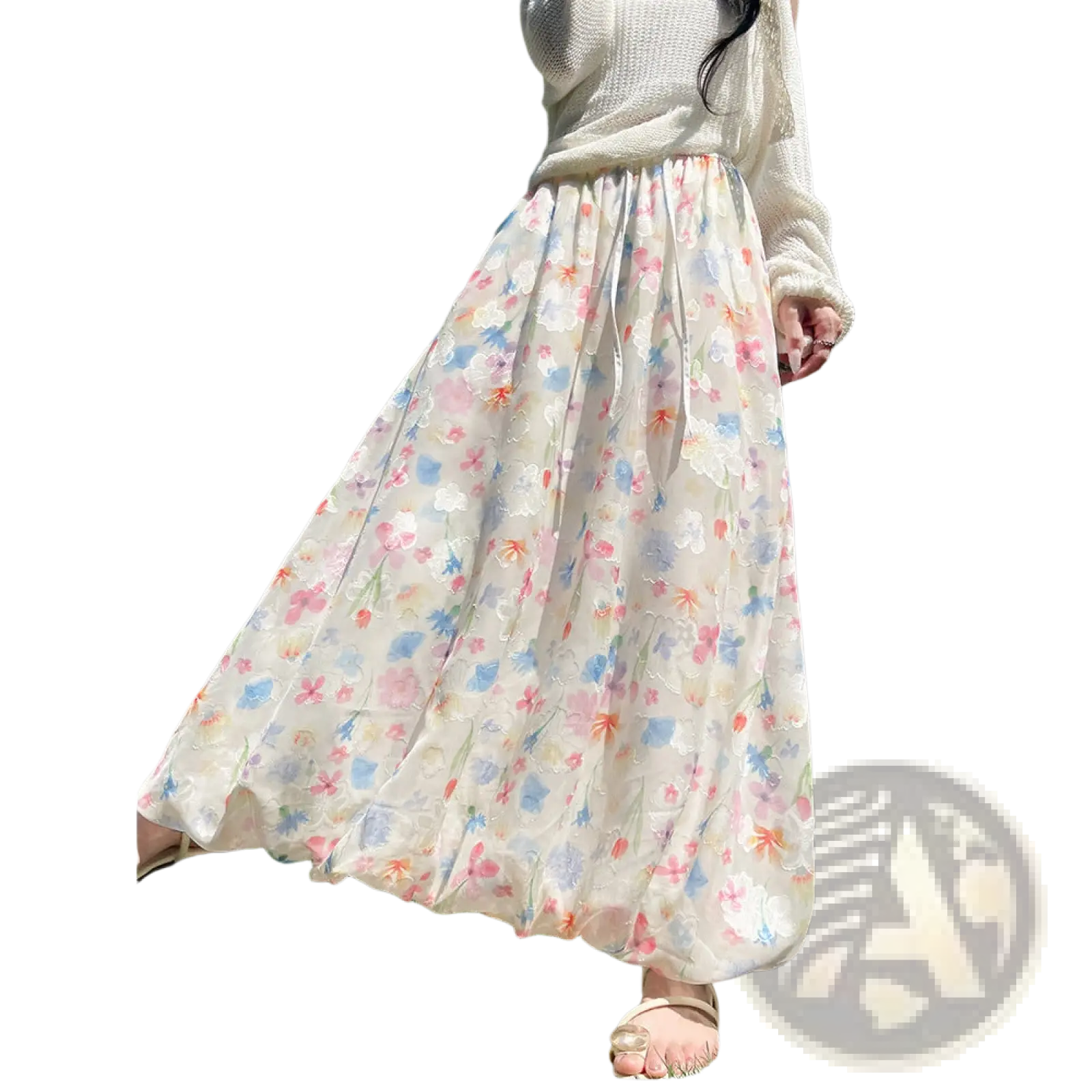 Floral print midi skirt featuring a flowing off-white fabric with delicate pastel pink and blue blossoms