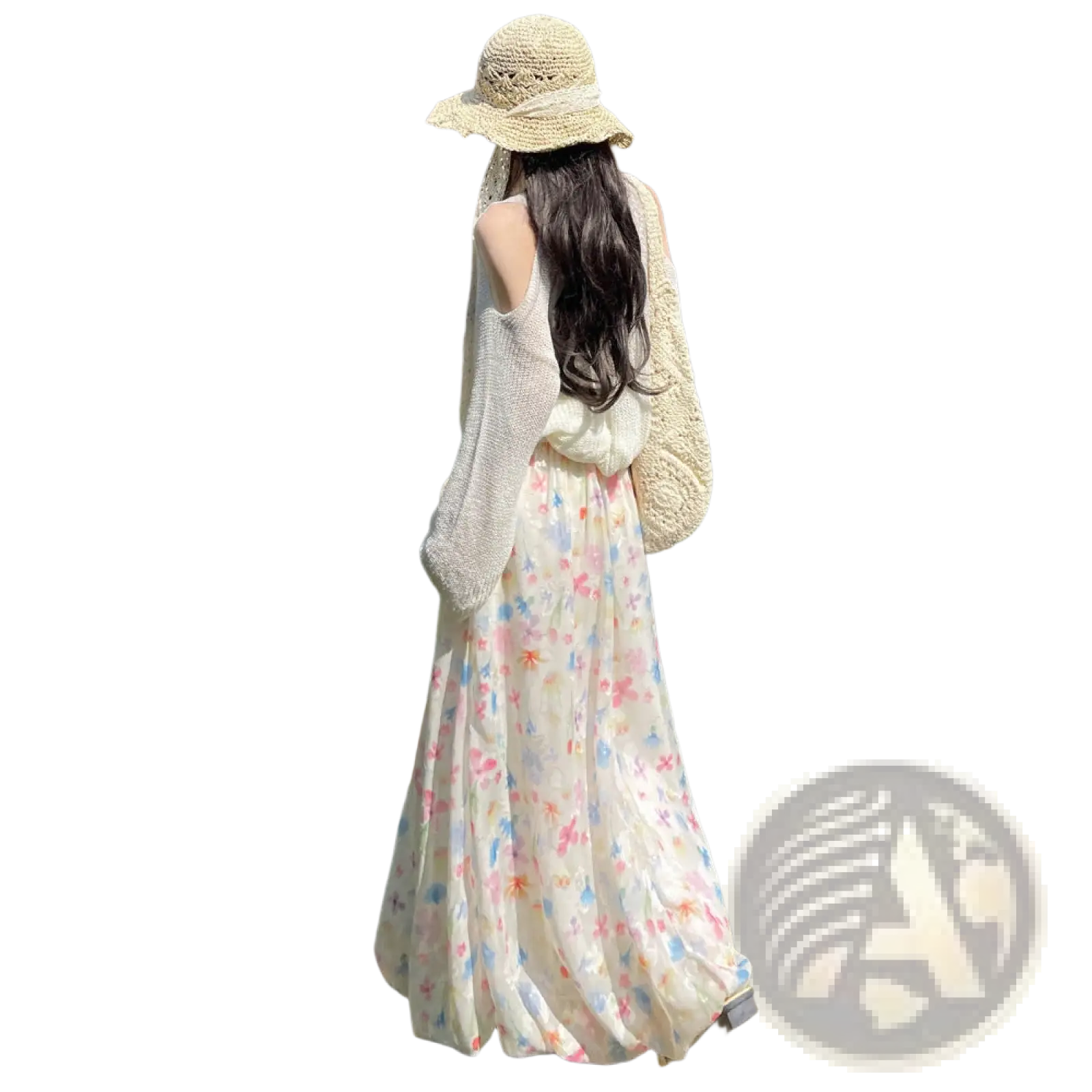 A flowing off-white maxi dress with a delicate pastel pink blue and orange floral print pattern