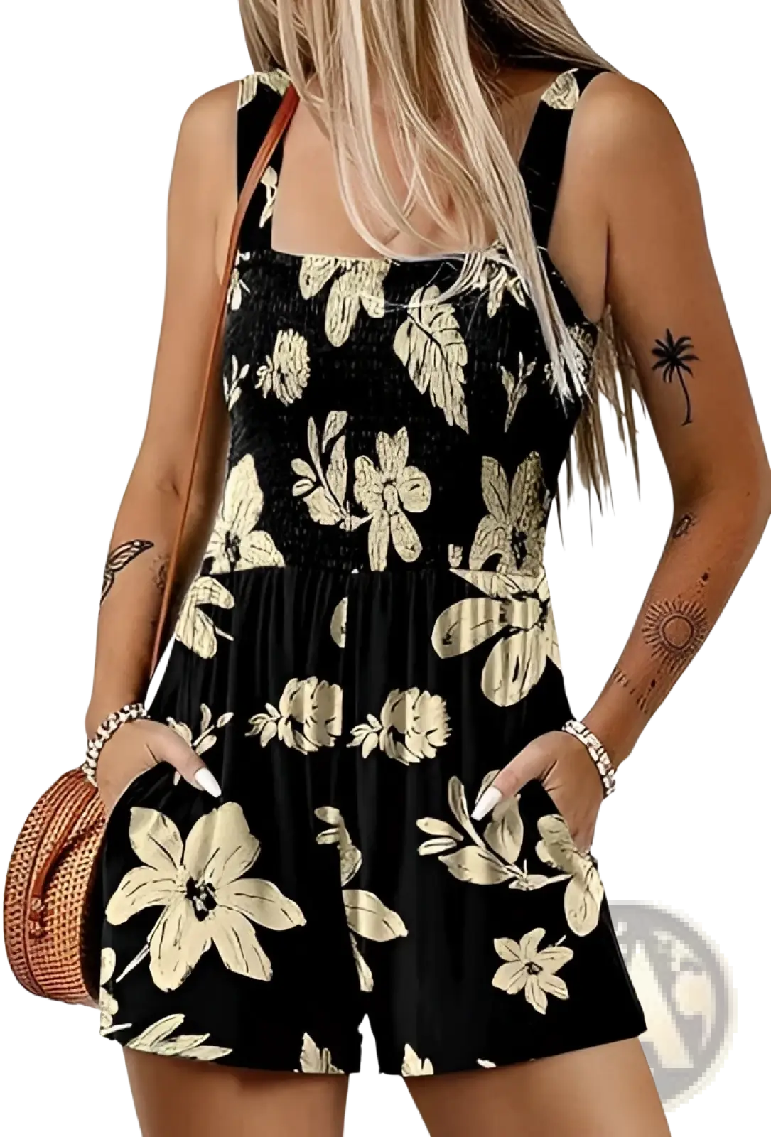 Black floral print romper with cream flowers and leaves featuring a square neckline smocked waistband and front pockets
