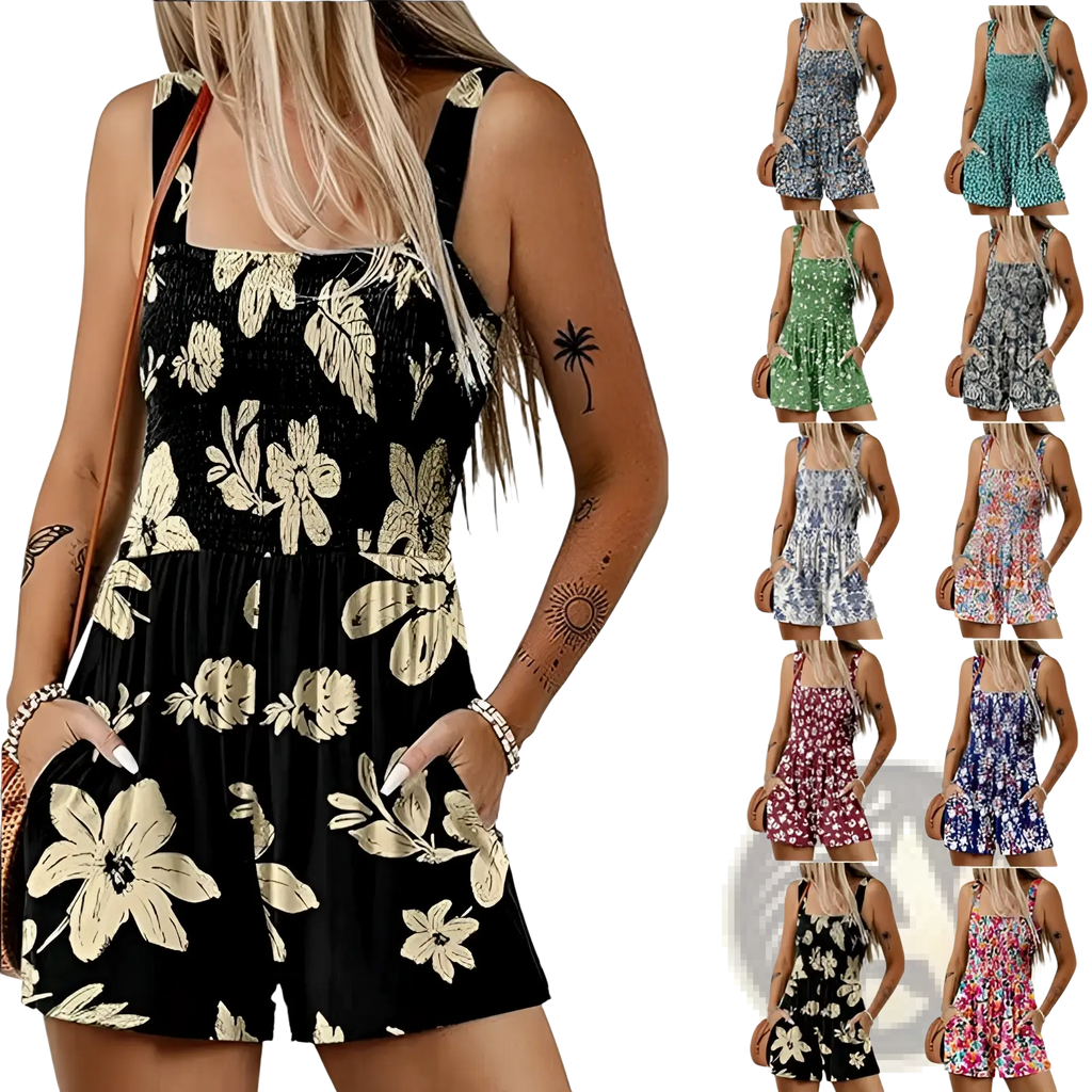 Black floral print romper with gold leaf pattern and adjustable straps sleeveless summer beach jumpsuit