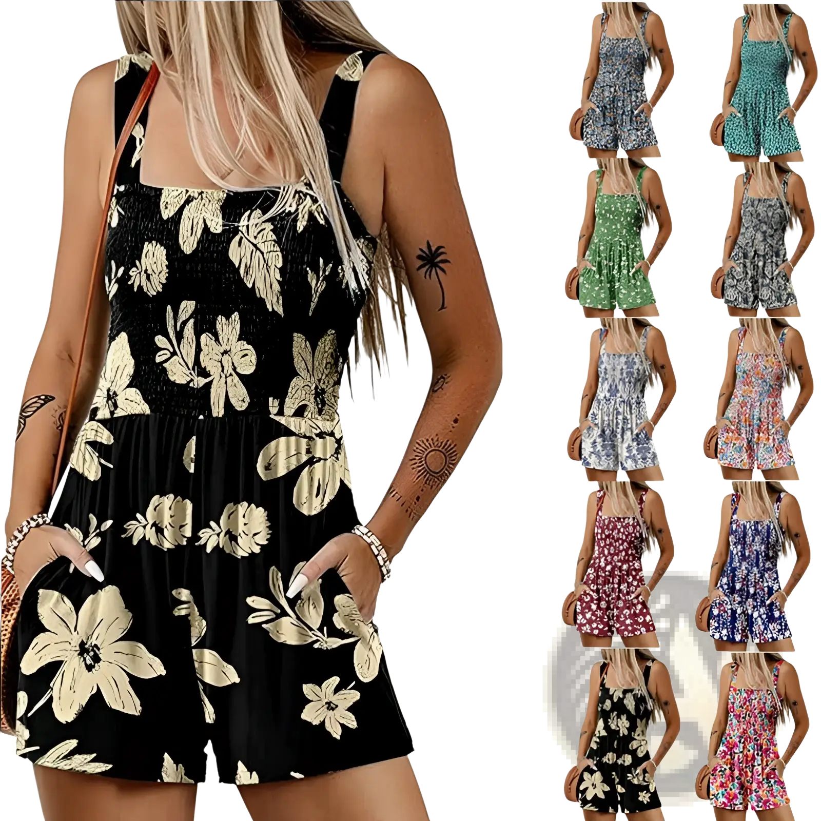 Black floral print romper with gold leaf pattern and adjustable straps sleeveless summer beach jumpsuit