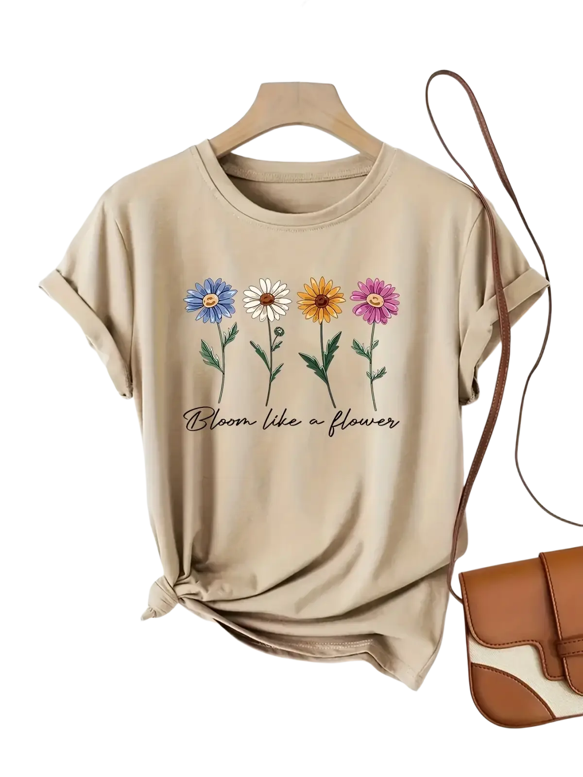 Beige short sleeve casual t-shirt with colorful floral print and black cursive bloom like a flower phrase