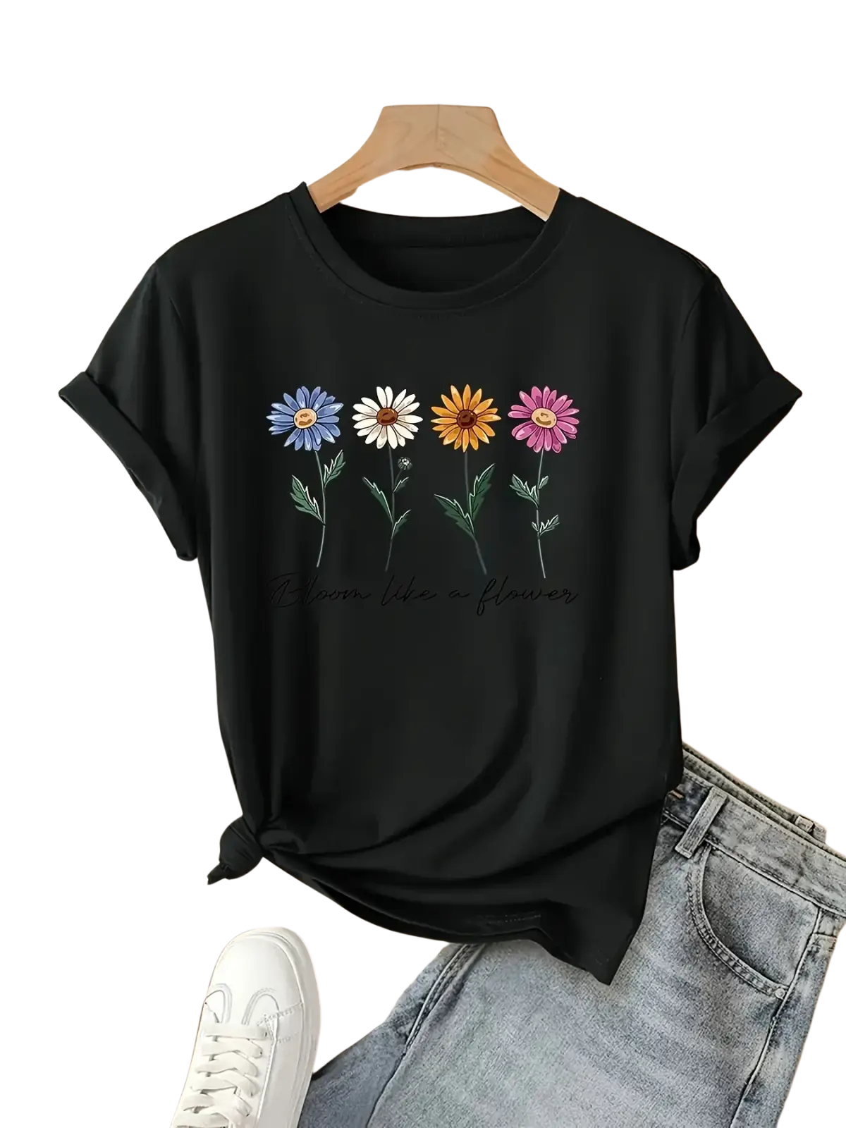 Black short sleeve casual t-shirt with colorful floral print featuring four daisies in blue white yellow and pink