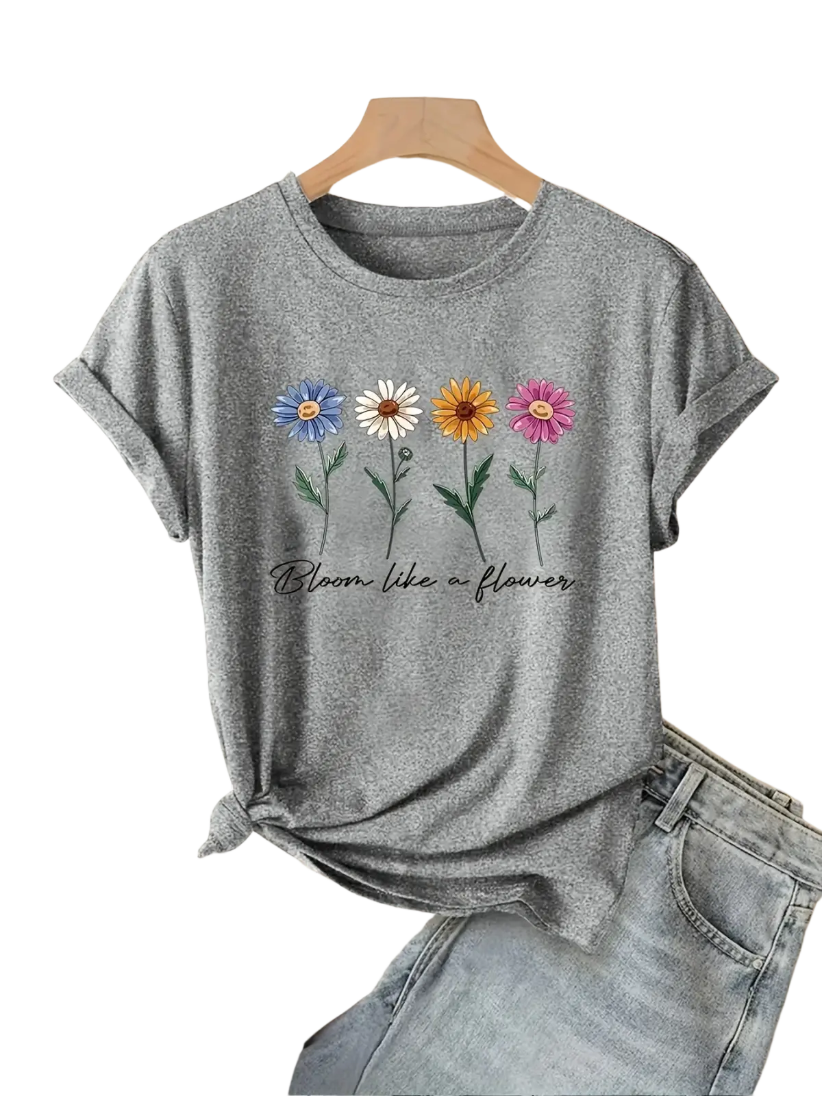 Gray heathered cotton floral print short sleeve casual t shirt with colorful blossoms and bloom like a flower text