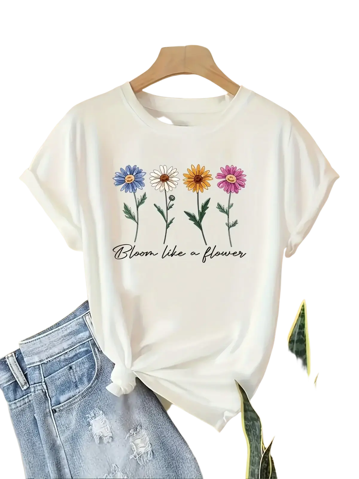White cotton floral print short sleeve casual t-shirt with colorful design and bloom like a flower phrase in black cursive