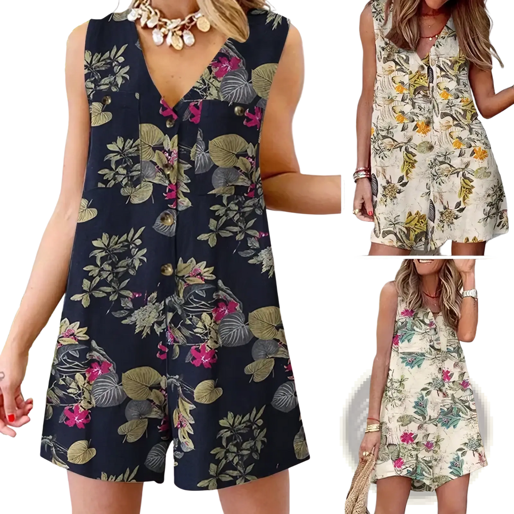 Dark blue floral print sleeveless linen romper with pink and green botanical patterns and front button closure