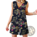 Navy blue sleeveless linen romper with pink floral and green leaf print designed by Zanzea