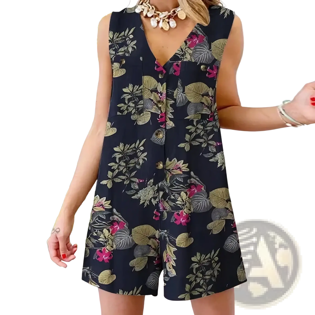 Dark navy sleeveless linen romper with vibrant pink floral pattern green leaves and gold-toned front buttons