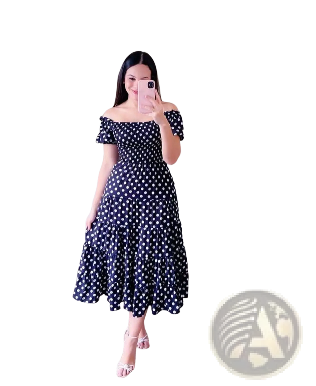 A navy blue off-the-shoulder midi dress with white polka dots ruffled sleeves and a smocked tiered design
