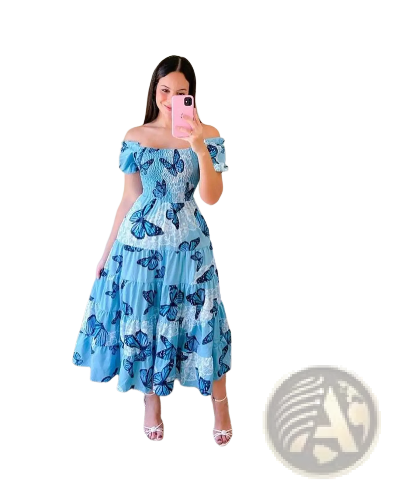 A light blue floral print smocked tiered midi dress with square neckline featuring butterfly pattern and white lace accents