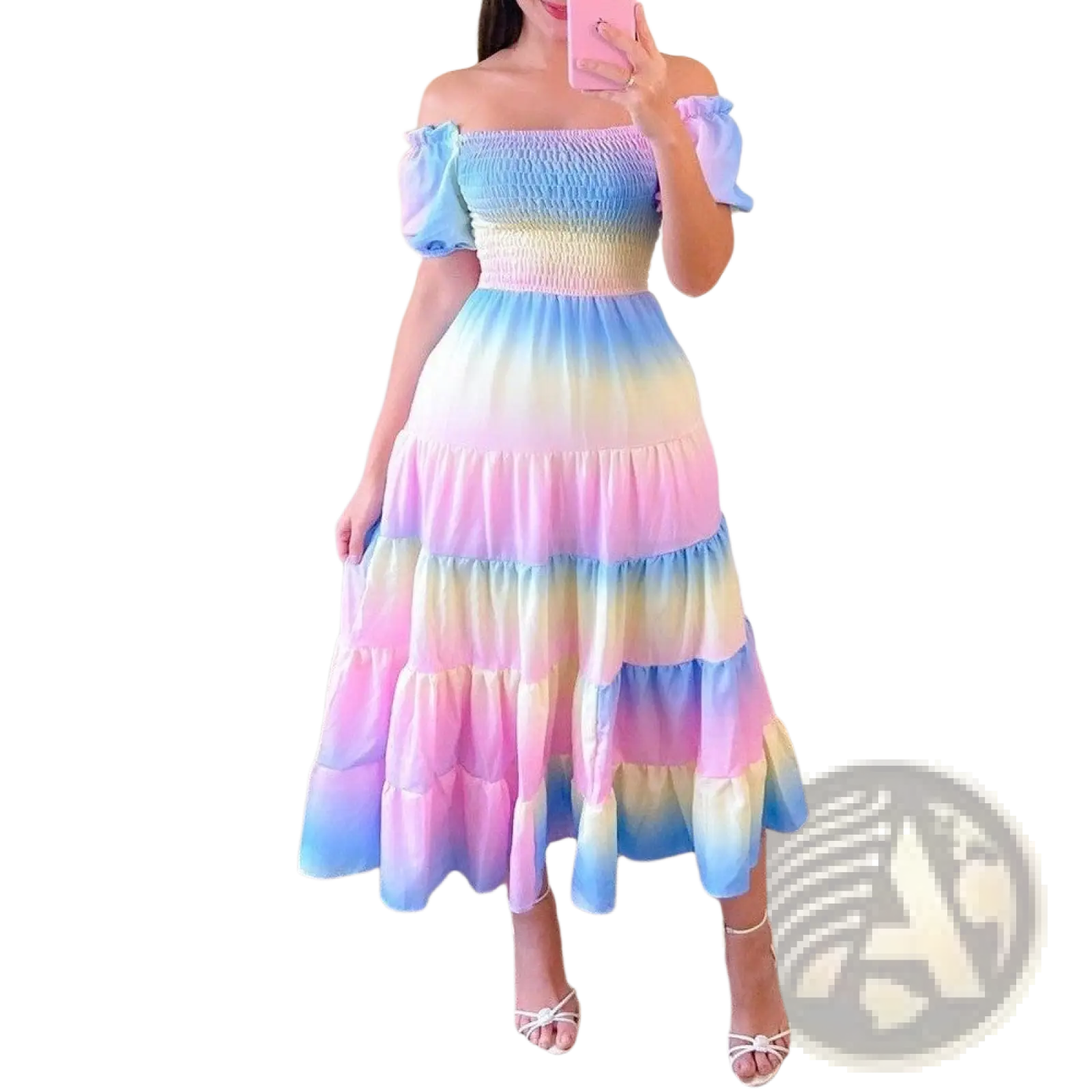 A vibrant off-the-shoulder tiered maxi dress with soft pastel rainbow gradient and smocked bodice detail