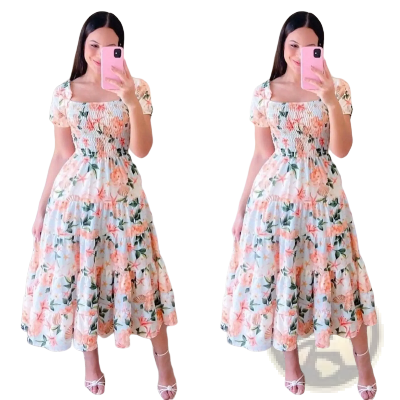 Floral print smocked tiered midi dress with square neckline featuring soft peach blossoms on light cream fabric